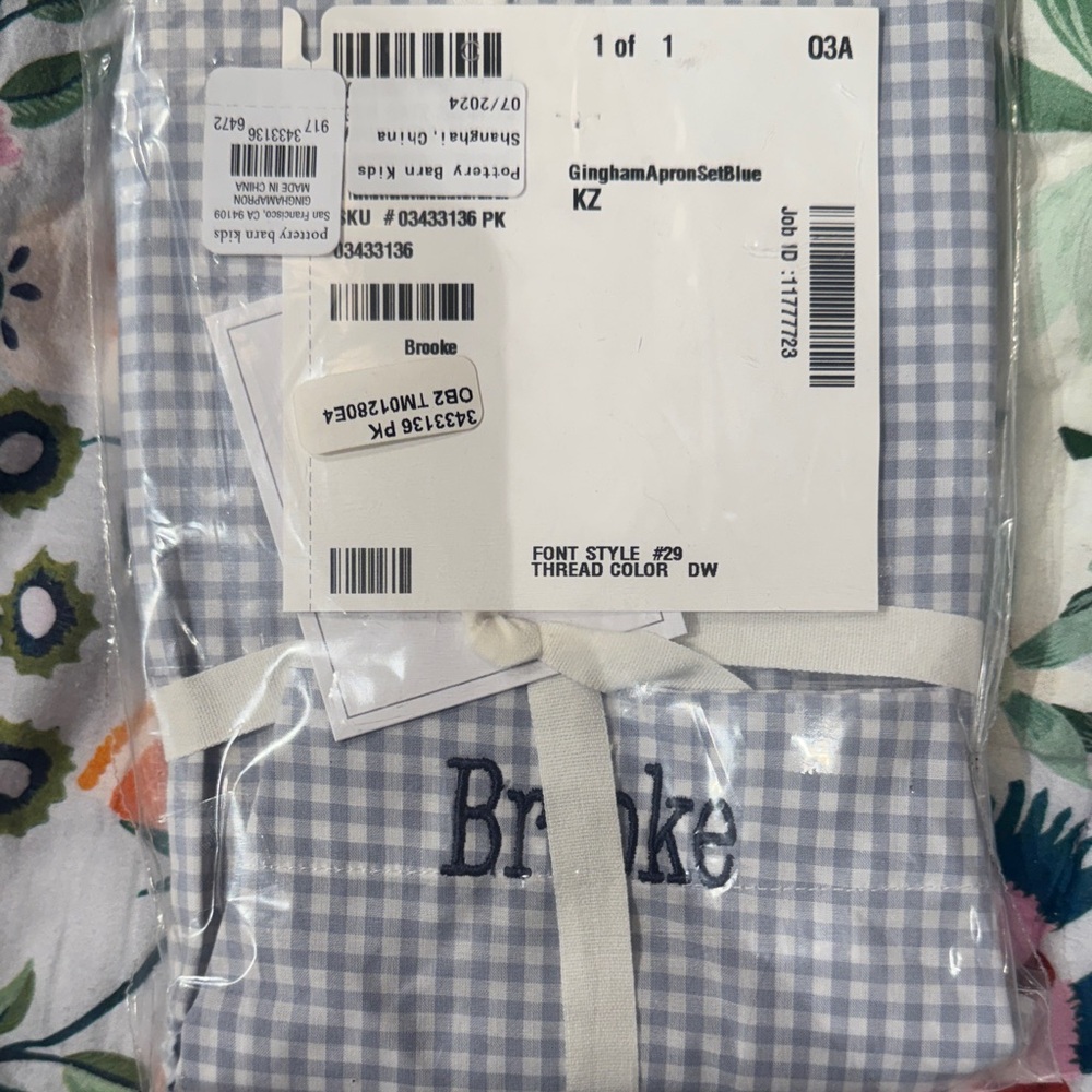 Blue Gingham Apron with Brooke Embroidered Name